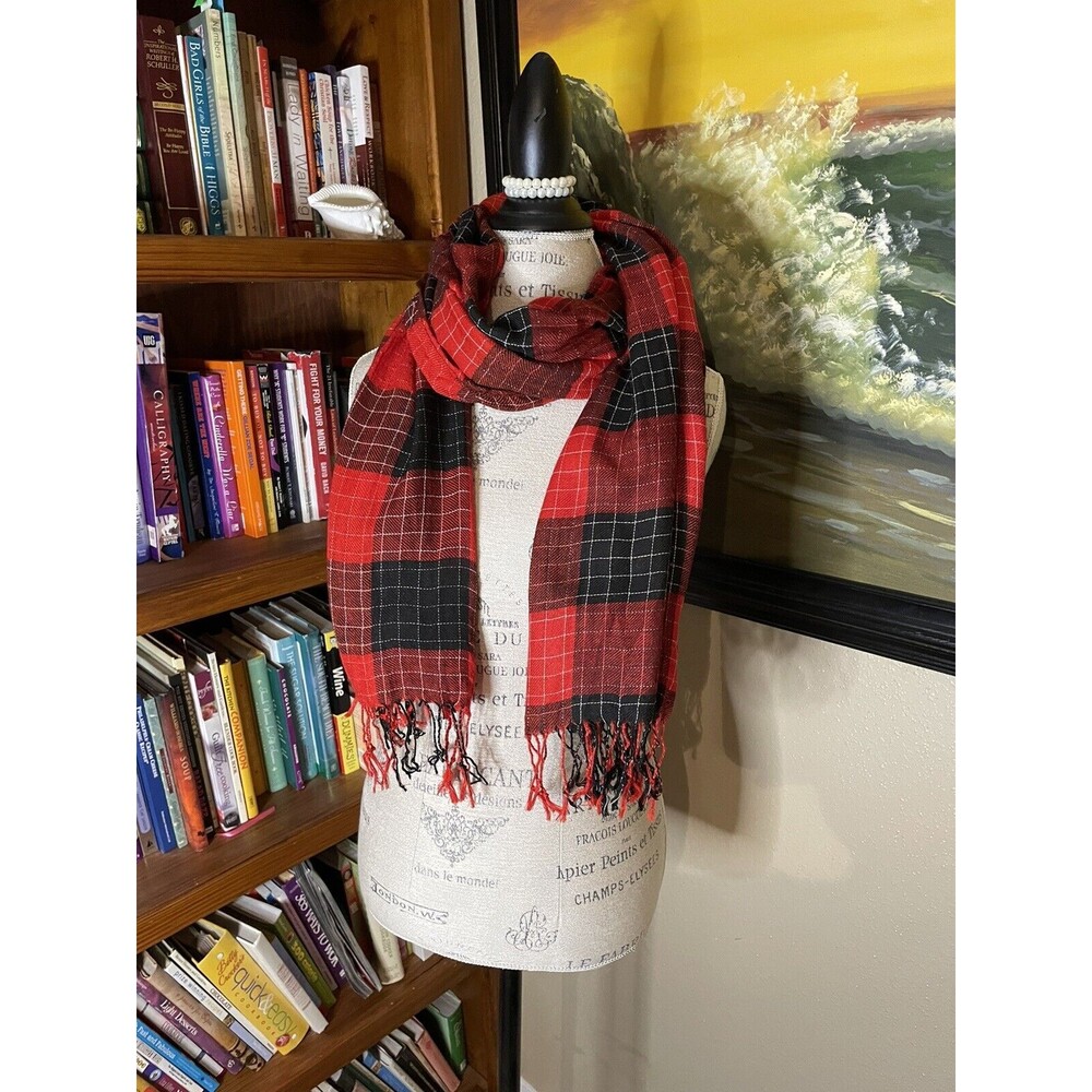Comfy Tartan Scarf Head Wrap Warm Hair Covering Tichel Red White Black